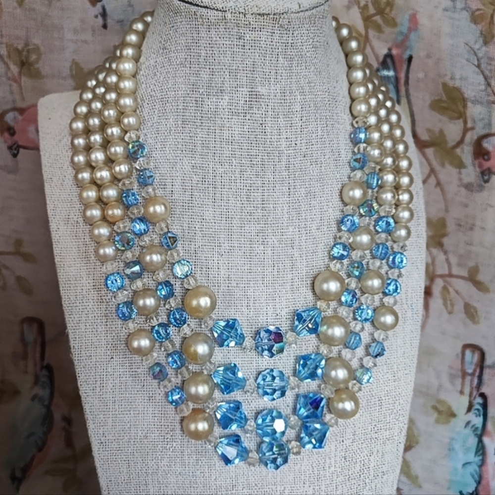 4 Strand Faux Pearl Glass Beaded Faceted Blue Faceted Crystal Necklace Vintage